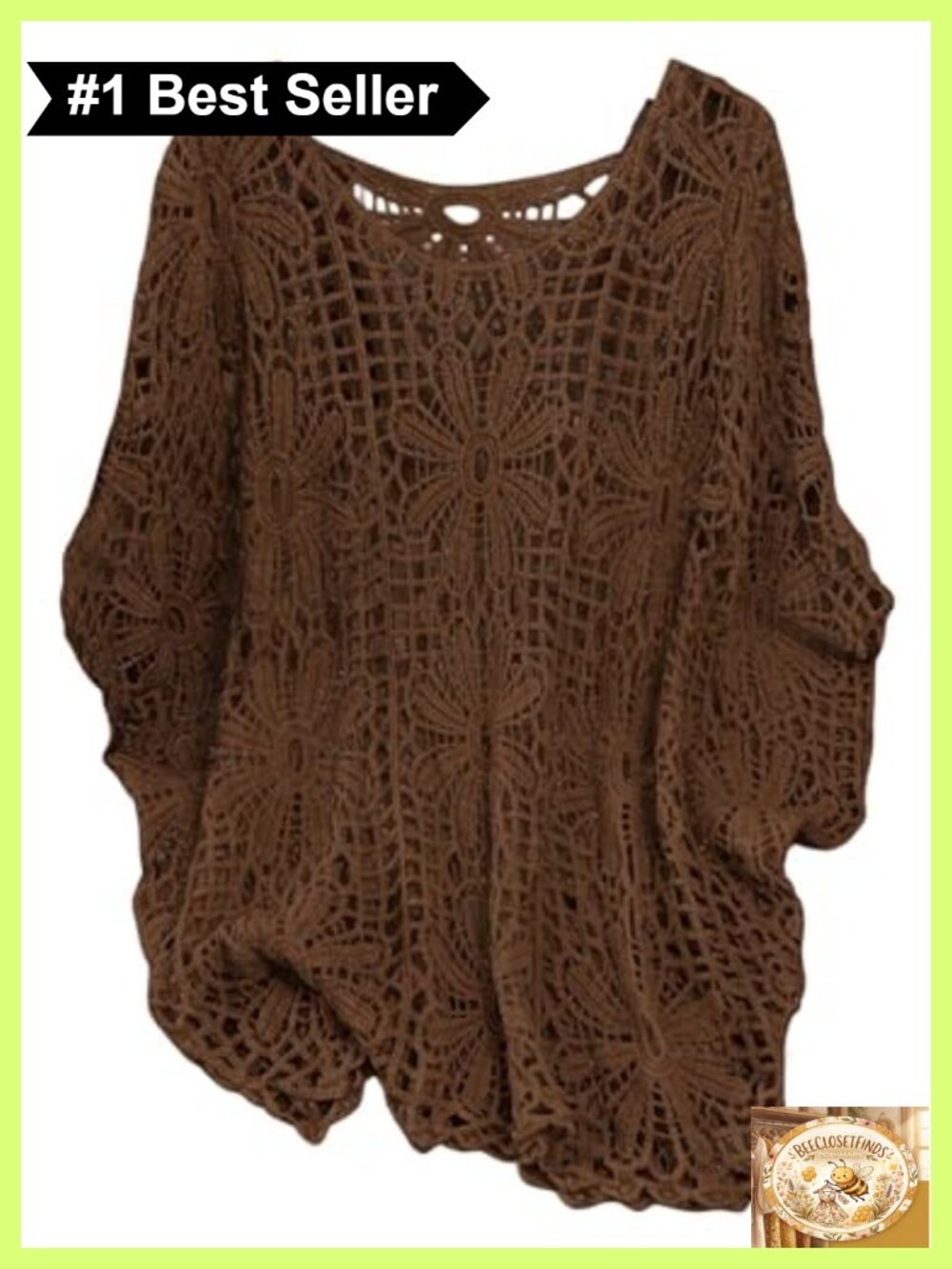Plus Size Crochet Tops Boho Beach Cover Up Dolman 3/4 Sleeve Hollow Out